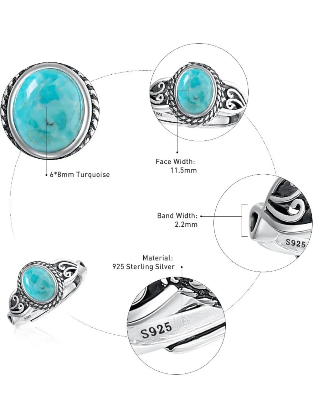 Women's Turquoise 925 Sterling Silver Oval Adjustable Natural Stone Ring